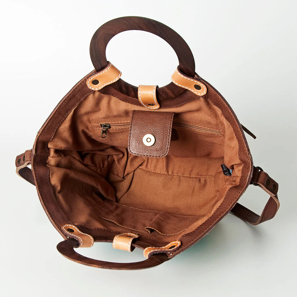 Tote Genuine Western Leather Women Bag Wooden Handle
