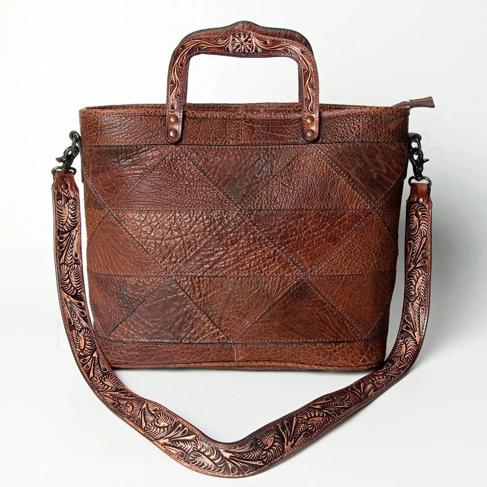 Patchwork Embossed Brown Leather Tote Bag - Tooled Handle & Strap Western Satchel