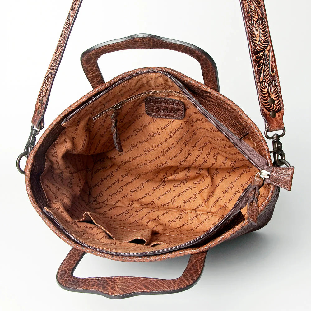 Patchwork Embossed Brown Leather Tote Bag - Tooled Handle & Strap Western Satchel