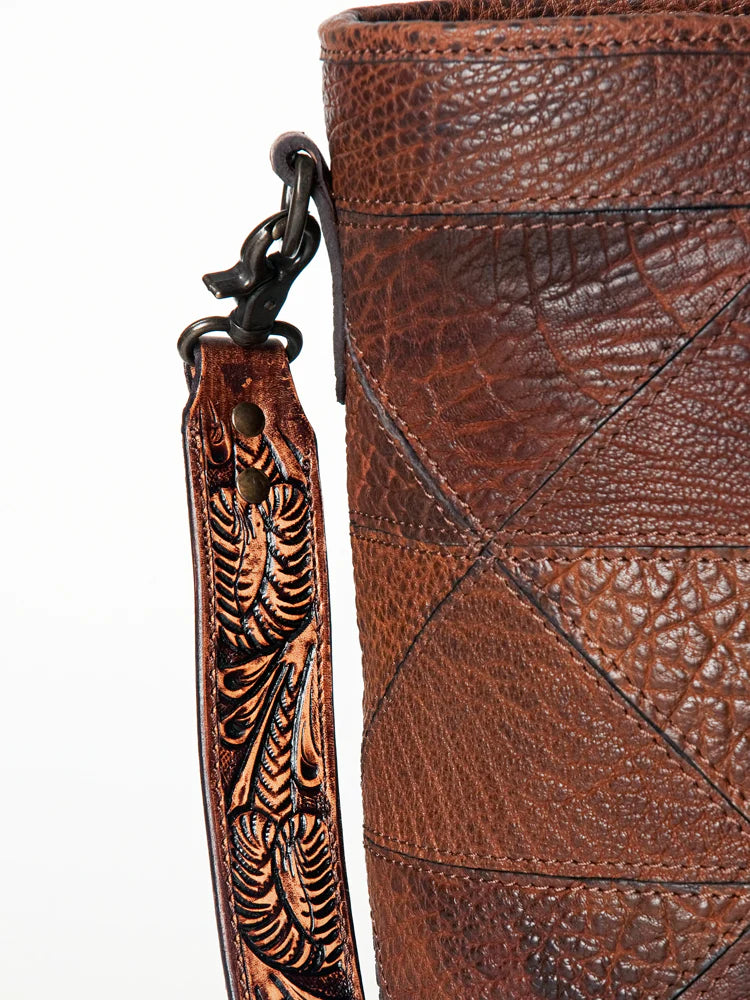 Patchwork Embossed Brown Leather Tote Bag - Tooled Handle & Strap Western Satchel