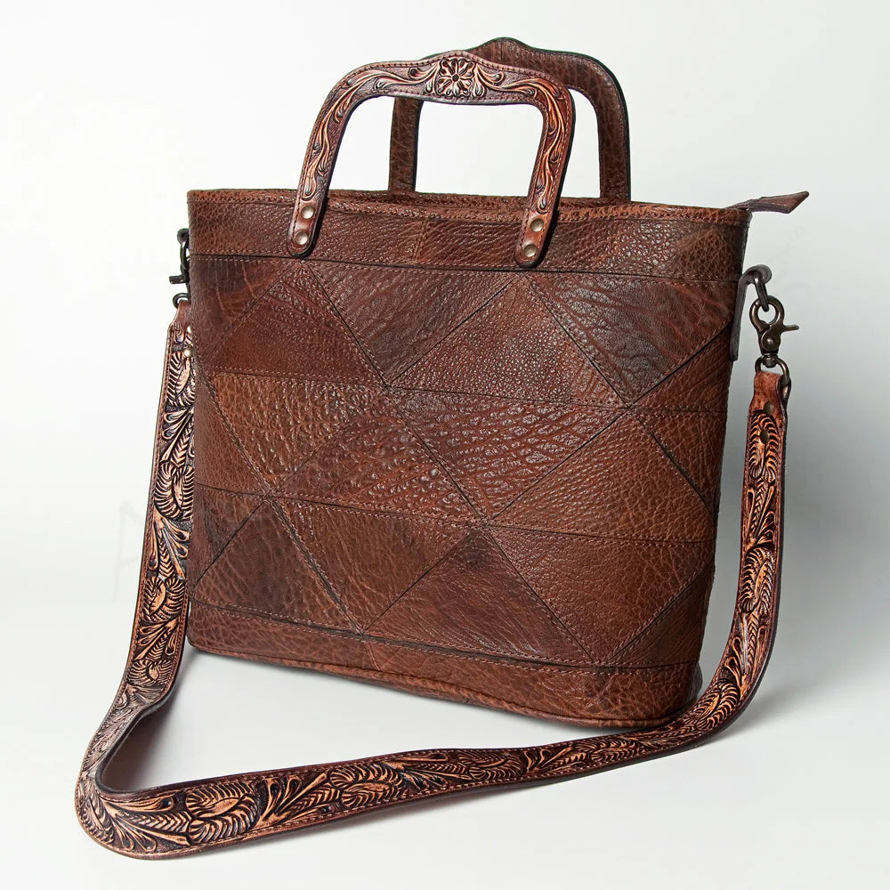 Patchwork Embossed Brown Leather Tote Bag - Tooled Handle & Strap Western Satchel