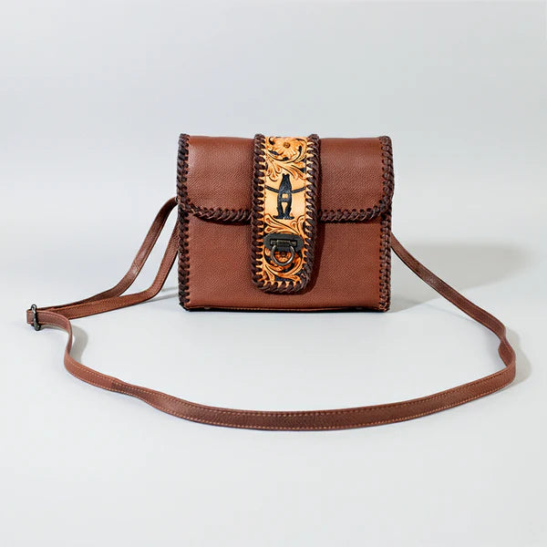 American Darling Laurel Rodeo Genuine Hand Tooled Brown Leather Crossbody Bag Brown