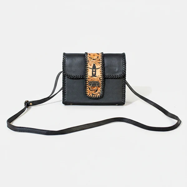 American Darling Laurel Rodeo Genuine Hand Tooled Black Leather Crossbody Bag Black