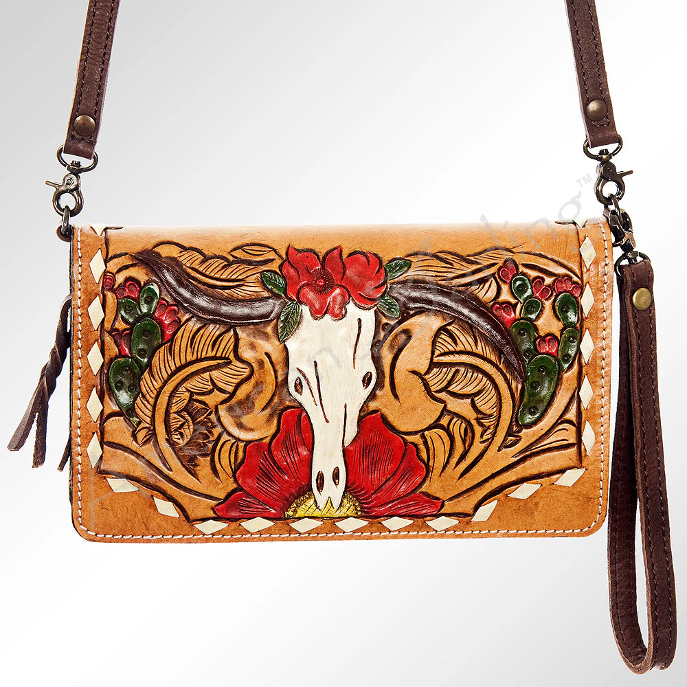 Cow Skull Leather Tooled & Painted Bag