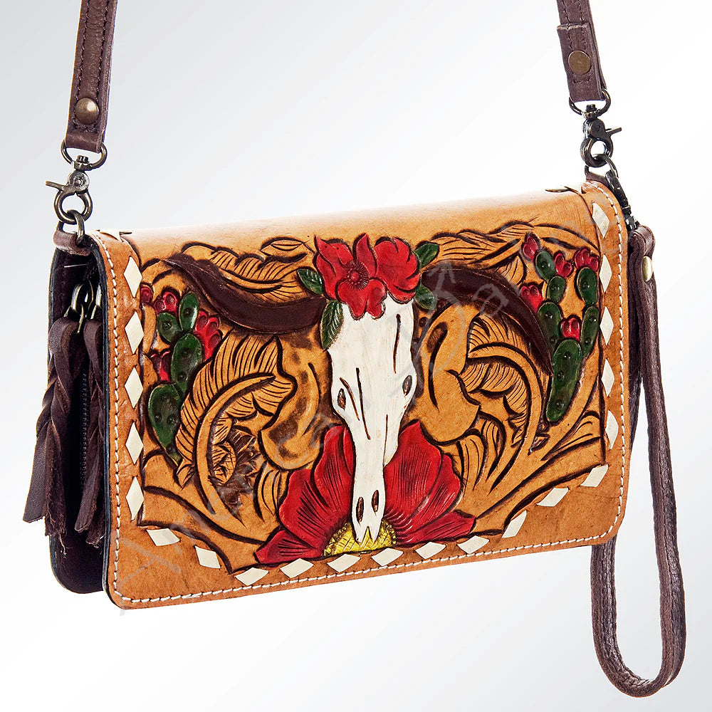 Cow Skull Leather Tooled & Painted Bag