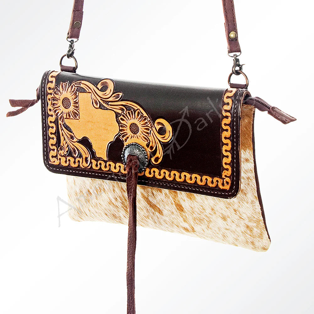 Texas Tooled Leather and Cowhide Crossbody Purse