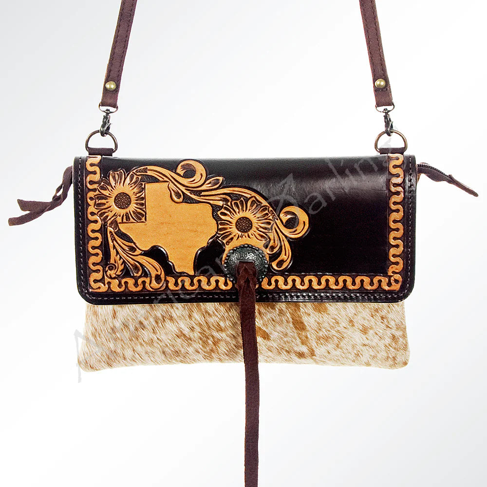 Texas Tooled Leather and Cowhide Crossbody Purse