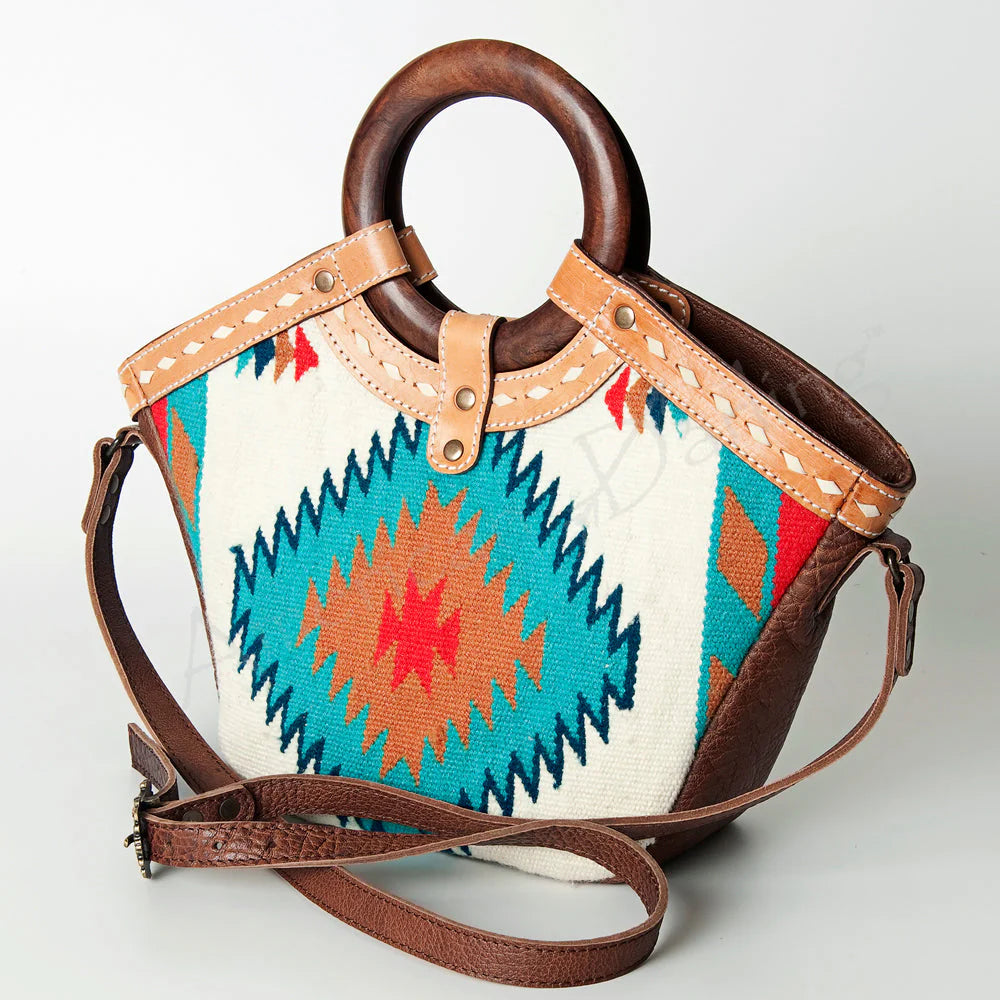 Tote Genuine Western Leather Women Bag Wooden Handle