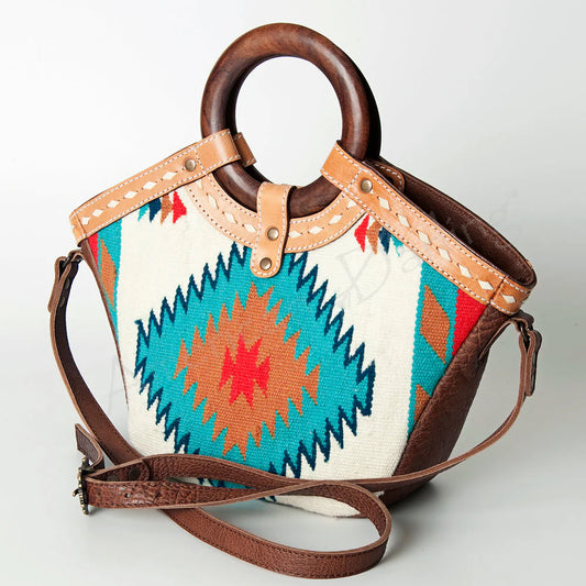 Tote Genuine Western Leather Women Bag Wooden Handle