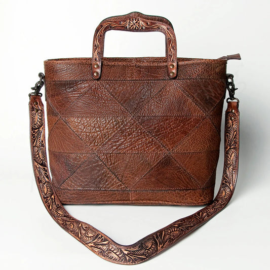 Patchwork Embossed Brown Leather Tote Bag - Tooled Handle & Strap Western Satchel