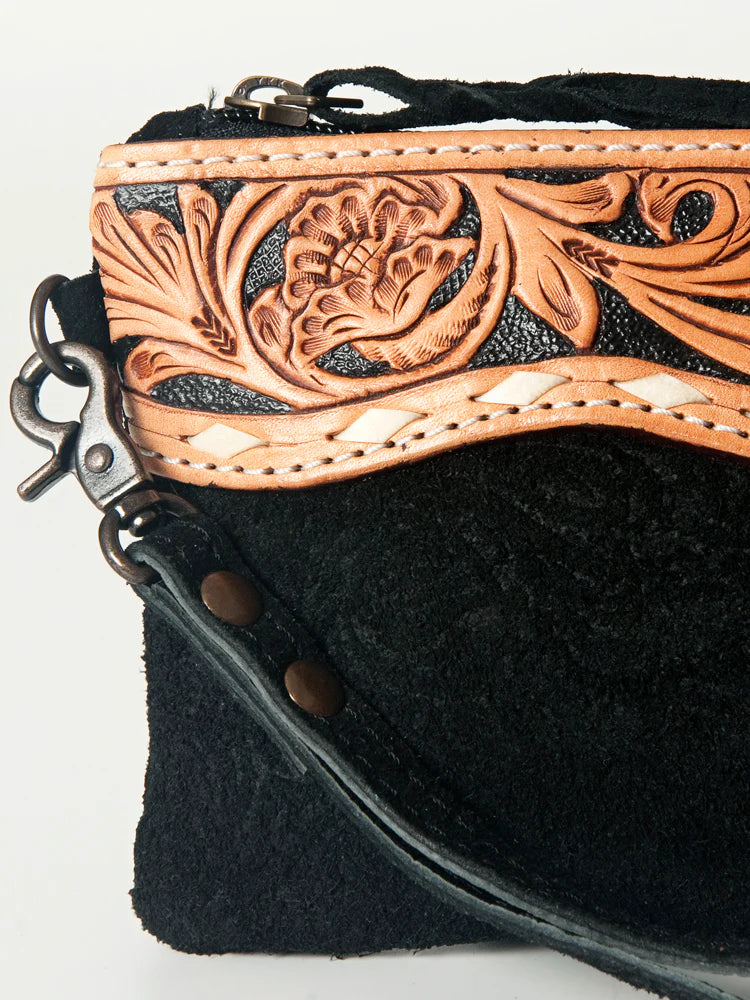 Embossed Leather Wristlet Western Fringe Clutch with Tooled Floral Design