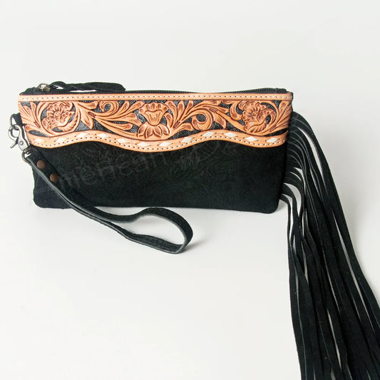 Embossed Leather Wristlet Western Fringe Clutch with Tooled Floral Design