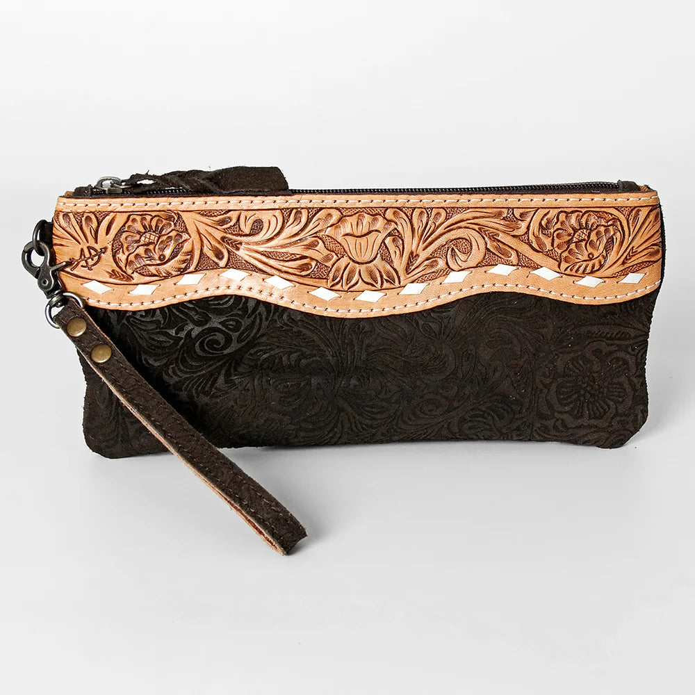 Dark Brown Suede Leather Wristlet Bag