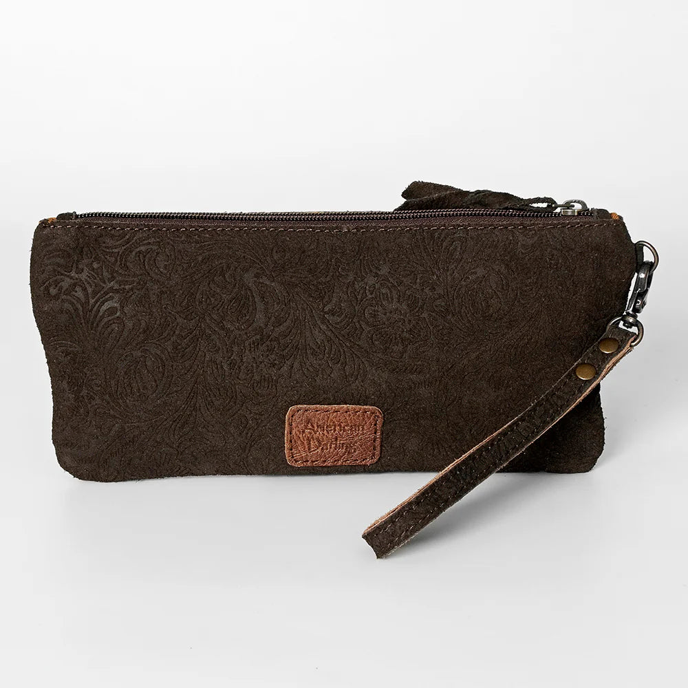 Dark Brown Suede Leather Wristlet Bag