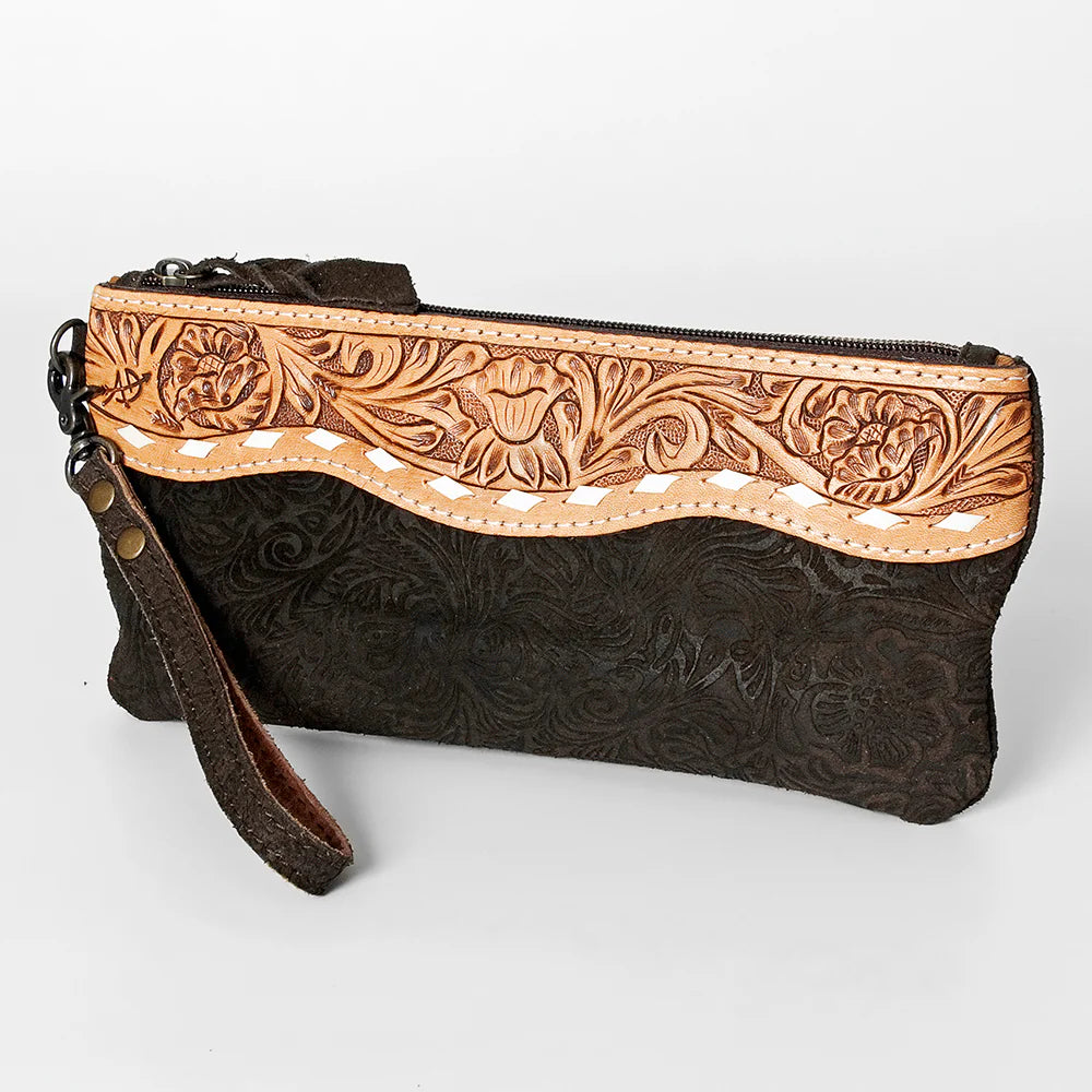 Dark Brown Suede Leather Wristlet Bag