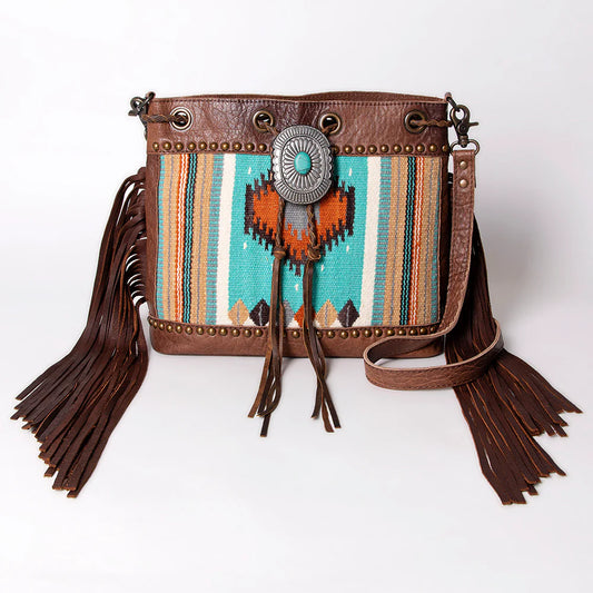 American Darling Western Bucket Bag with Hand Woven Saddle Blanket and Turquoise Concho