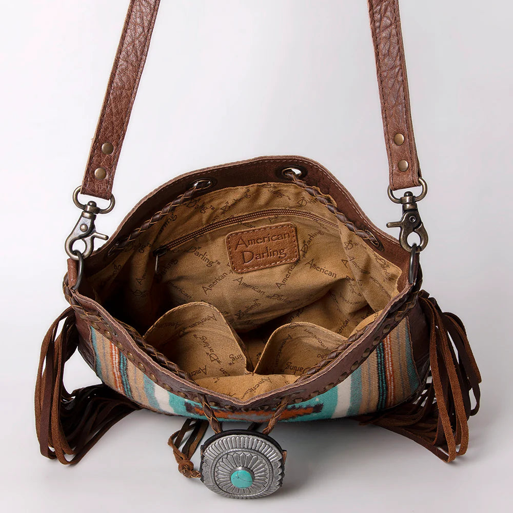 American Darling Western Bucket Bag with Hand Woven Saddle Blanket and Turquoise Concho