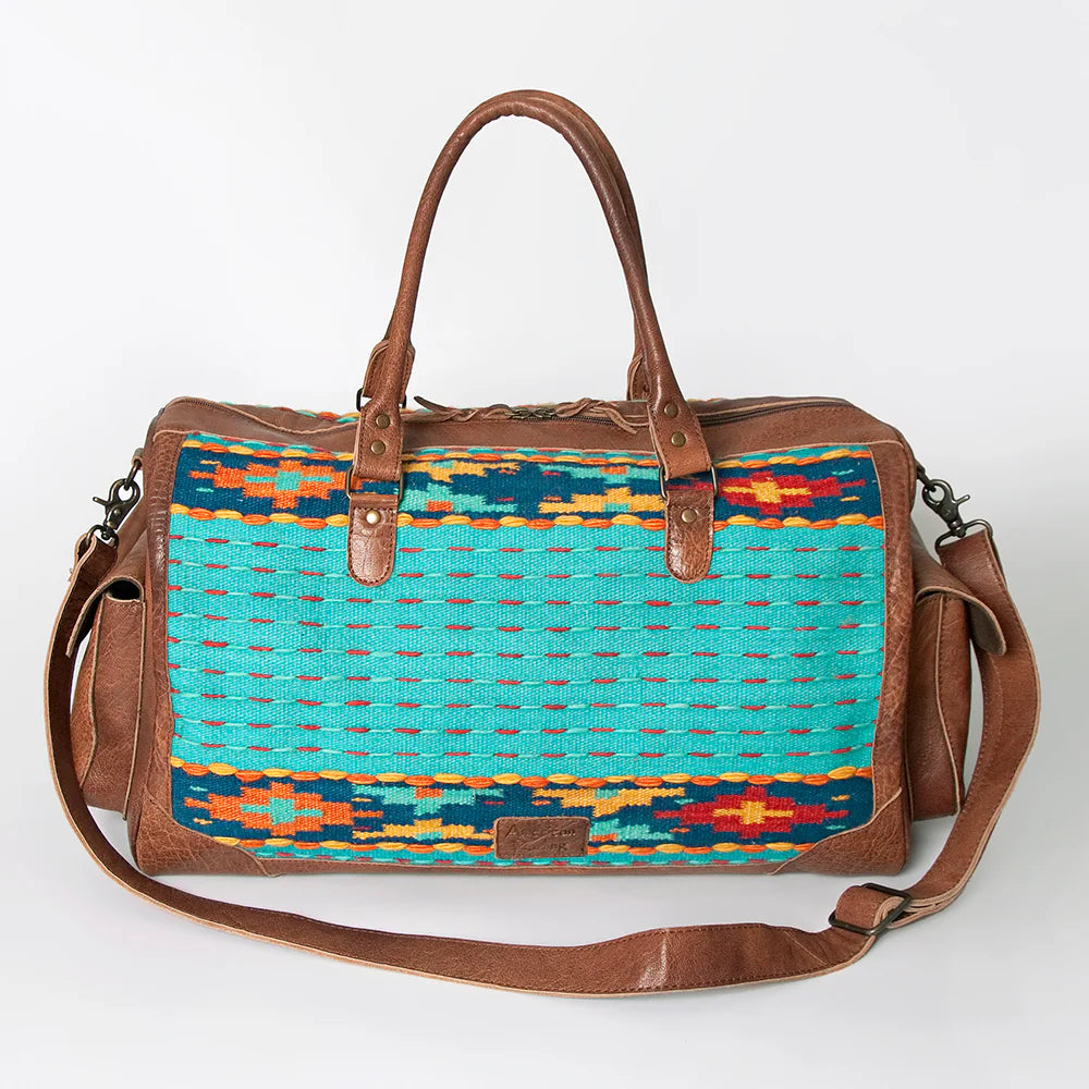 American Dalring Leather & Saddle Blanket Duffel Bag Western Travel Weekender