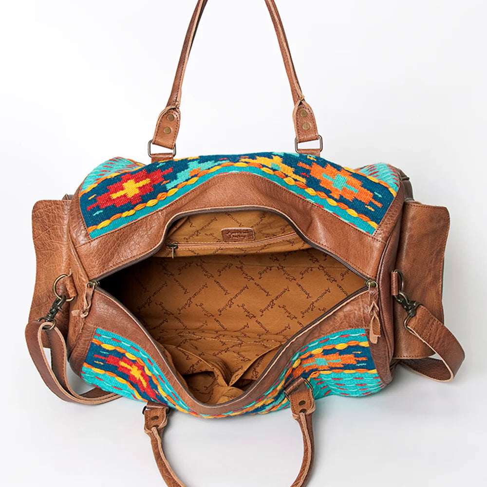 American Dalring Leather & Saddle Blanket Duffel Bag Western Travel Weekender