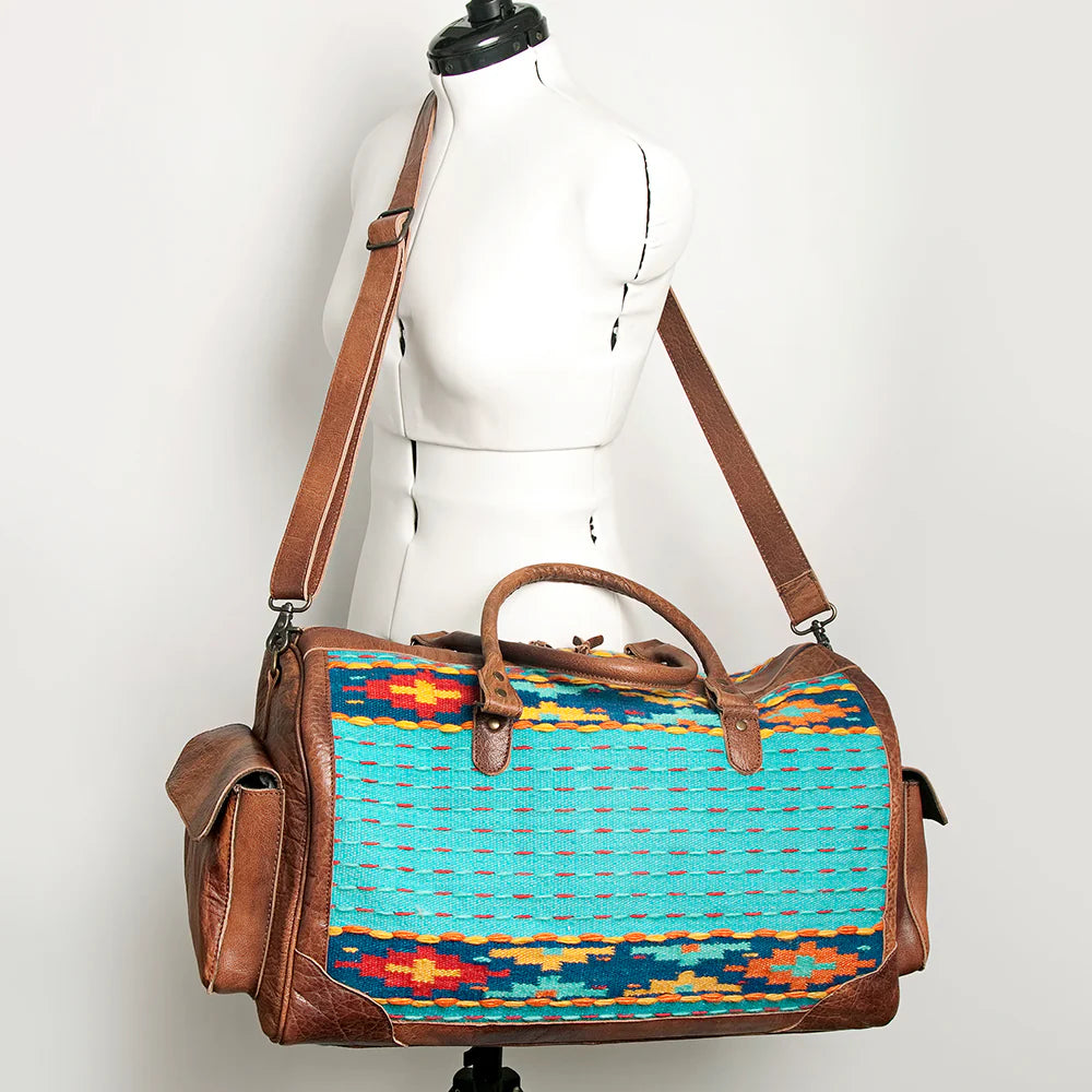 American Dalring Leather & Saddle Blanket Duffel Bag Western Travel Weekender