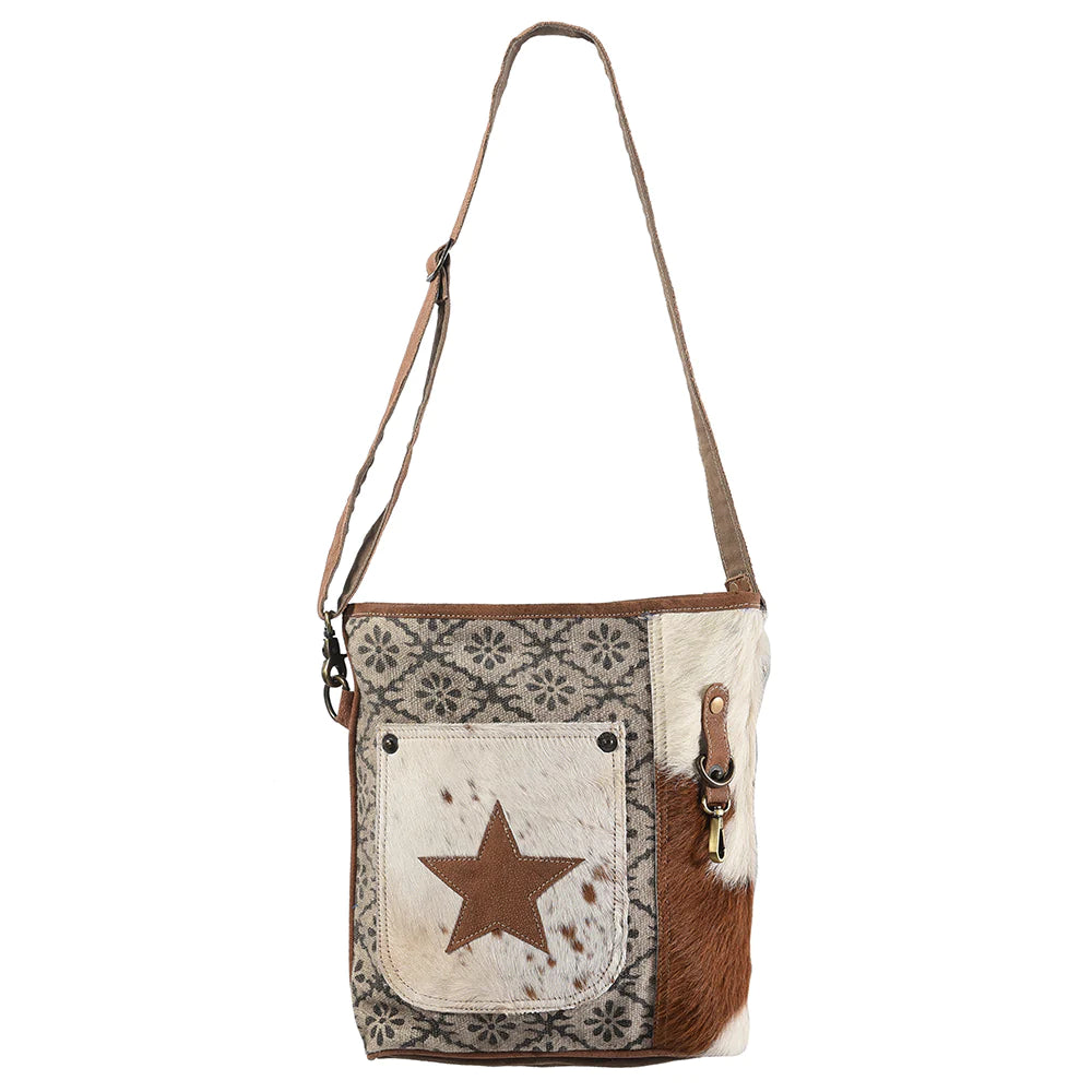 Cowhide and Upcycled Canvas Messenger Bag