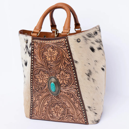 American Dalring Hair-On Hide Western Tote with Tooled Leather & Turquoise Concho