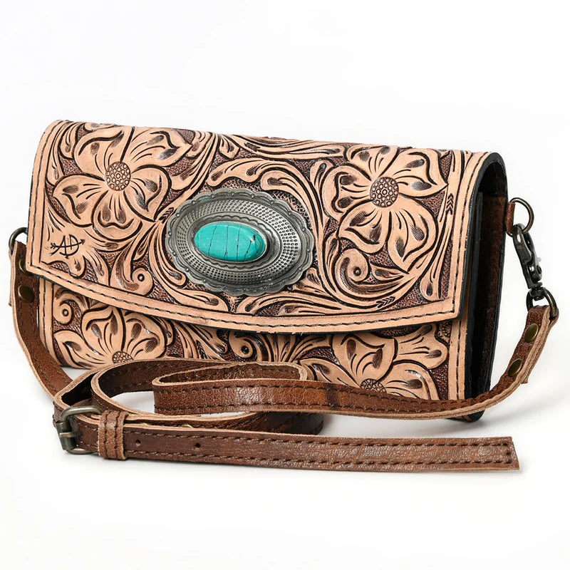 American Darling Hand Tooled Leather Wallet | Western Tooled Crossbody Wallet