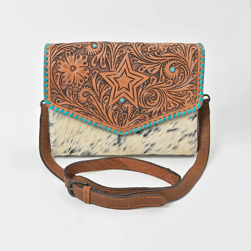 American Darling Hand Tooled Star Hair on Genuine Leather Women Bag