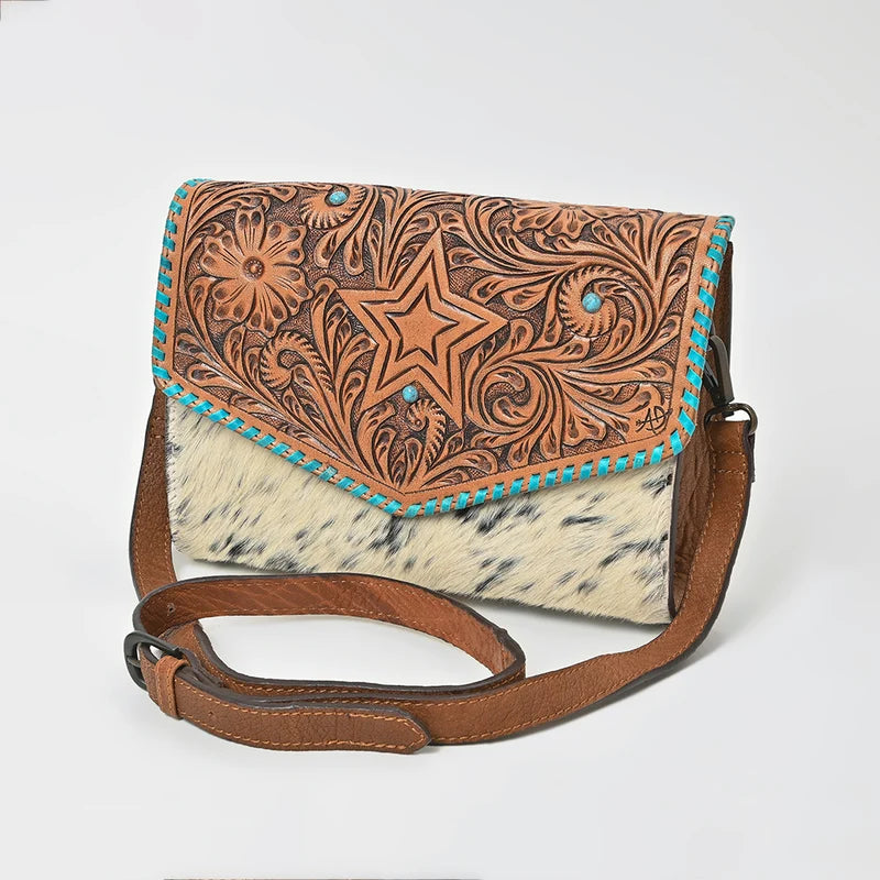 American Darling Hand Tooled Star Hair on Genuine Leather Women Bag
