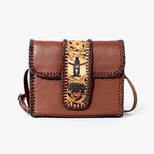 American Darling Laurel Rodeo Genuine Hand Tooled Brown Leather Crossbody Bag Brown