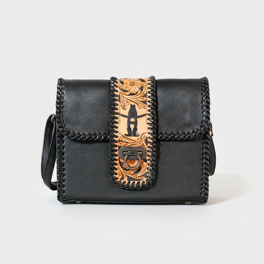 American Darling Laurel Rodeo Genuine Hand Tooled Black Leather Crossbody Bag Black