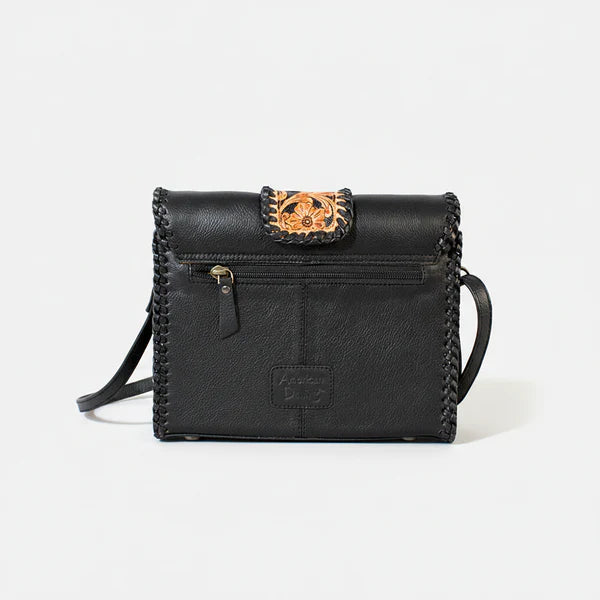 American Darling Laurel Rodeo Genuine Hand Tooled Black Leather Crossbody Bag Black