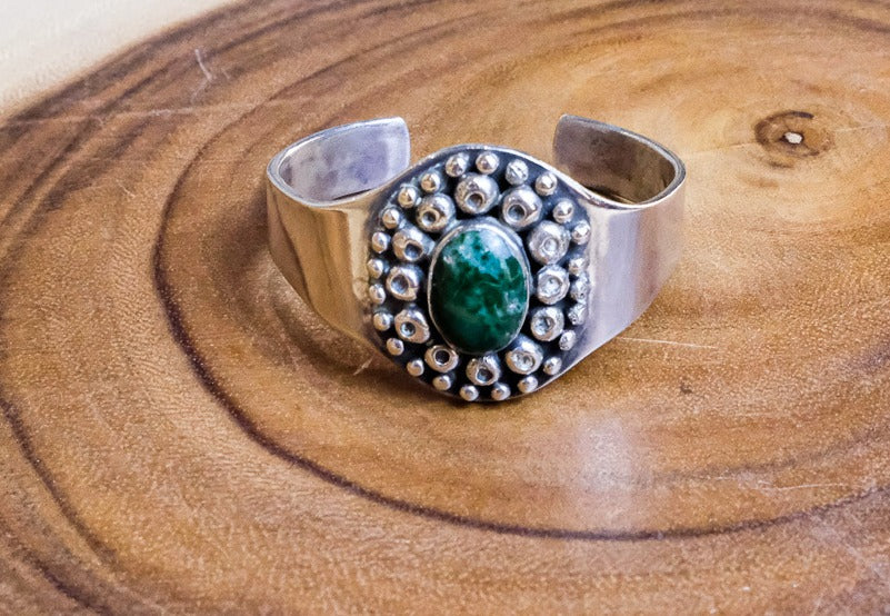 Green Oval Stone Sterling Beaded Cuff