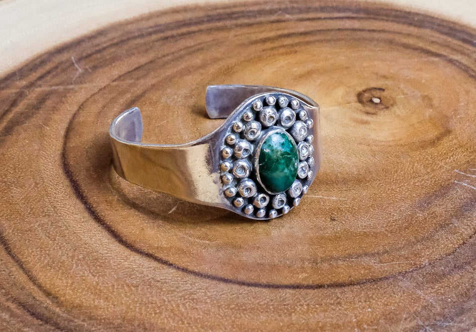 Green Oval Stone Sterling Beaded Cuff