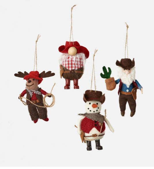 Cowboy, Snowman, Deer, Gnome Wool Ornaments