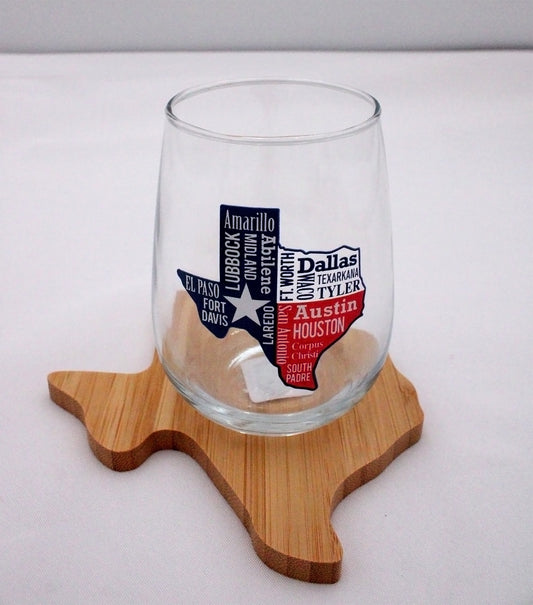 Texas Cities Stemless Wine Glass