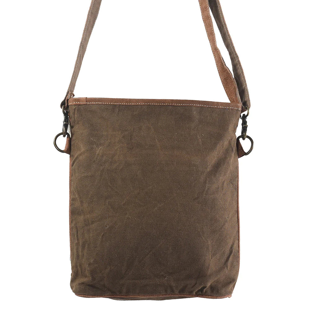 Cowhide and Upcycled Canvas Messenger Bag